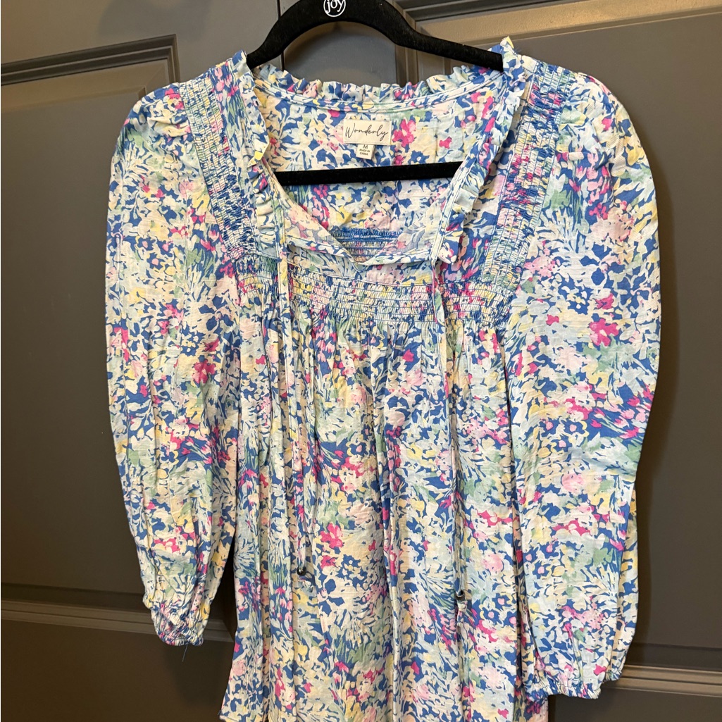 Wonderly Floral Peasant Blouse In Blue And Pink